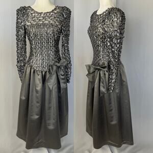 Vintage Cachet Bari Protas Formal Dress Size XS Gray Sequin Bow Puffy Prom 80s
